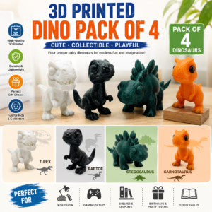 3D Printed Baby Dinosaur Pack of 4 for Kids | Cute Mini Dino Figures Set | T-Rex, Raptor, Carnotaurus & Stegosaurus | Collectible Dinosaur Toys for Boys, Girls & Dino Lovers